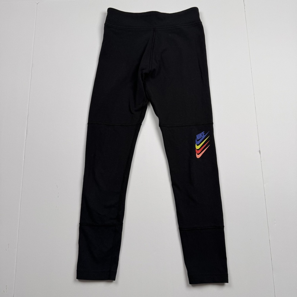 Nike Leggings Youth Medium (21x20) Black Multicolor Swoosh Logo Athletic Pants